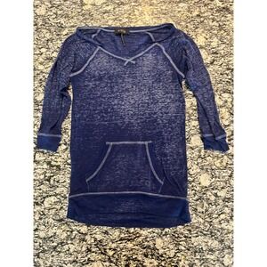 Energie Blue Burnout Long Sleeve Tunic Top Kangaroo Pocket V-Neck Womens Medium